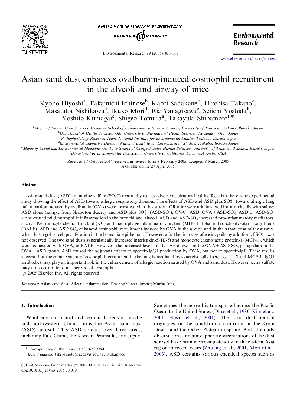 Asian sand dust enhances ovalbumin-induced eosinophil recruitment in the alveoli and airway of mice