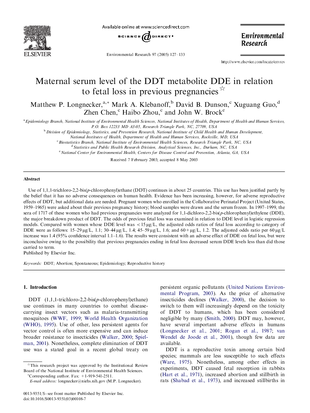 Maternal serum level of the DDT metabolite DDE in relation to fetal loss in previous pregnancies