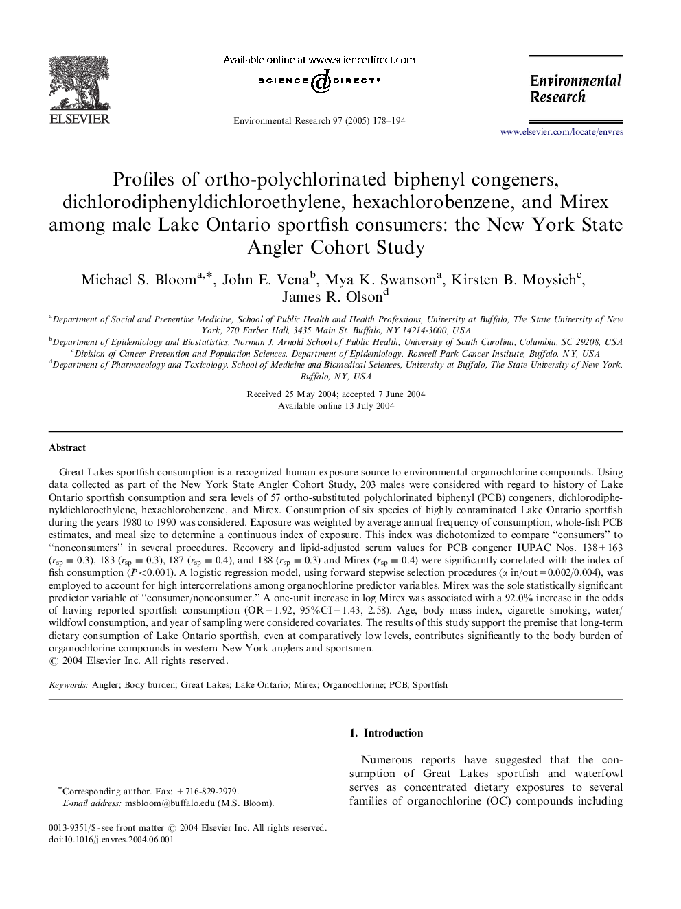 Profiles of ortho-polychlorinated biphenyl congeners, dichlorodiphenyldichloroethylene, hexachlorobenzene, and Mirex among male Lake Ontario sportfish consumers: the New York State Angler Cohort Study