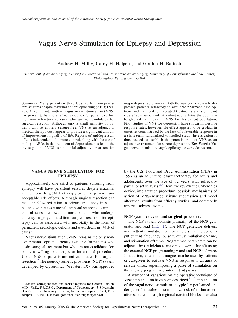 Vagus Nerve Stimulation for Epilepsy and Depression