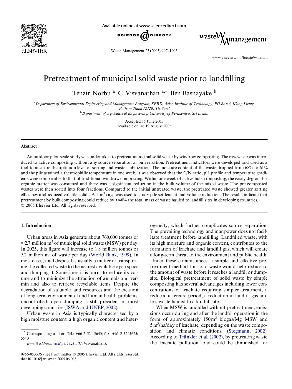 Pretreatment of municipal solid waste prior to landfilling