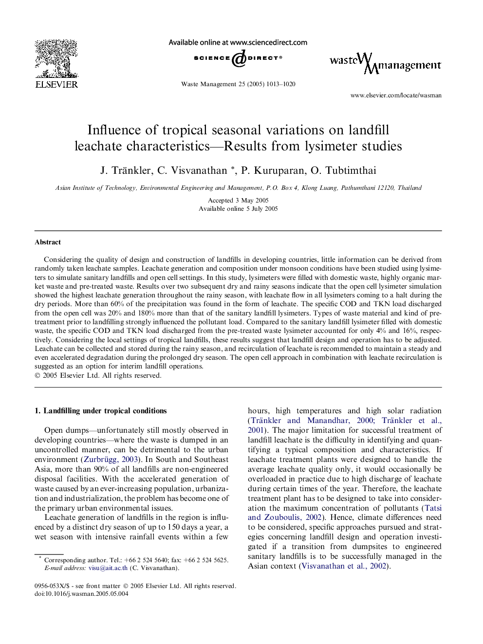 Influence of tropical seasonal variations on landfill leachate characteristics-Results from lysimeter studies