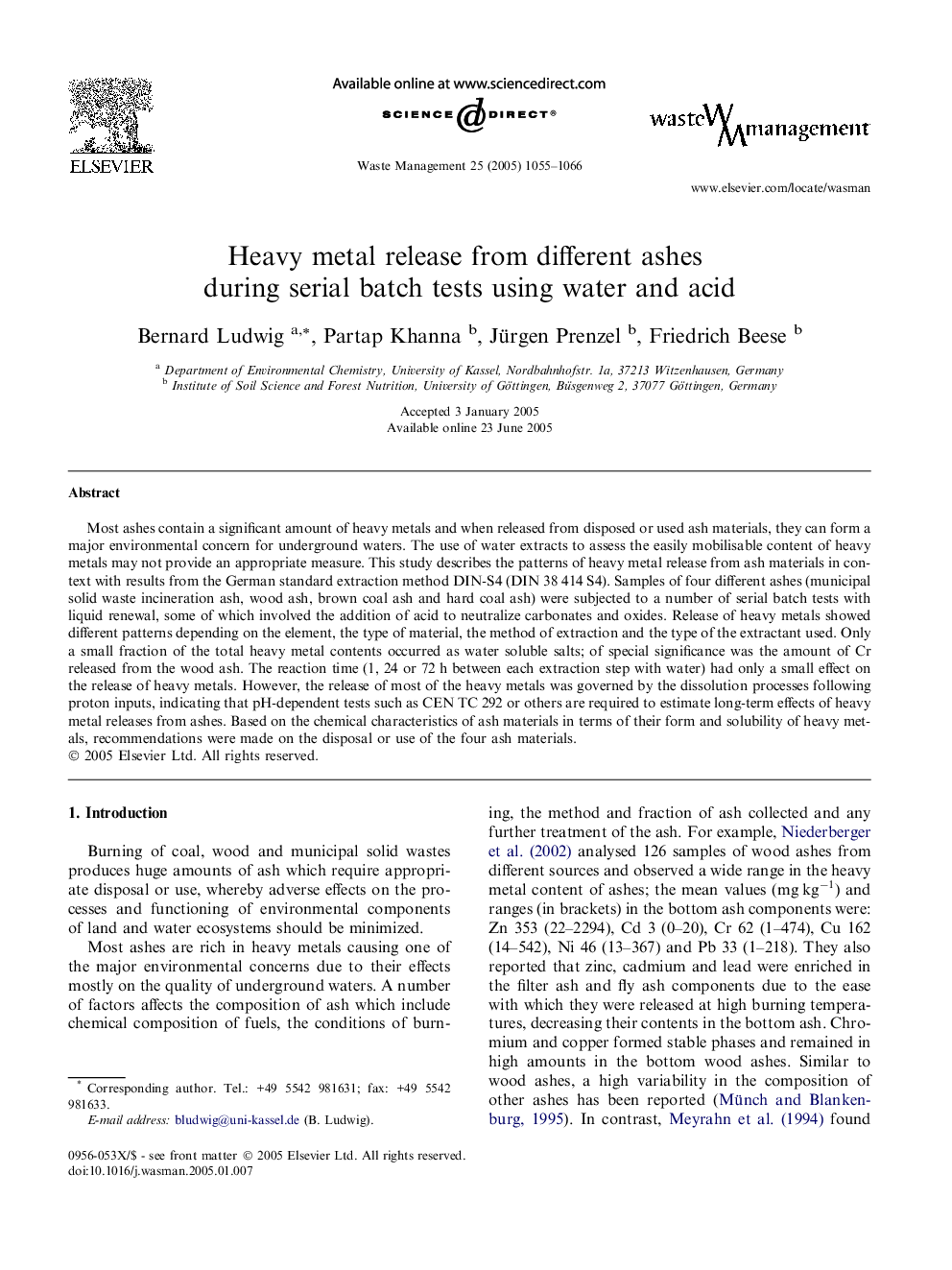 Heavy metal release from different ashes during serial batch tests using water and acid