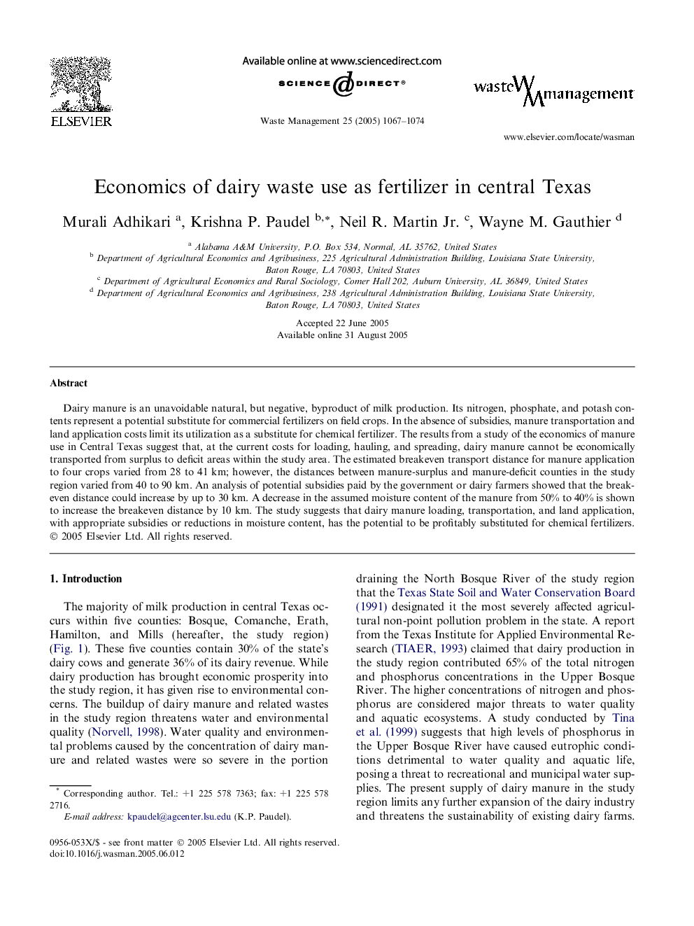 Economics of dairy waste use as fertilizer in central Texas