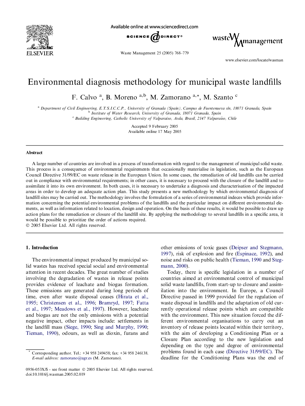 Environmental diagnosis methodology for municipal waste landfills