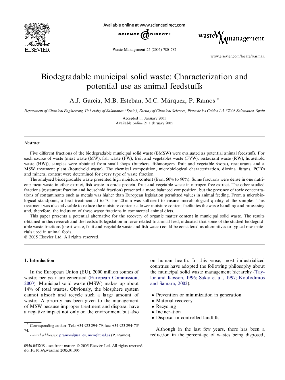 Biodegradable municipal solid waste: Characterization and potential use as animal feedstuffs