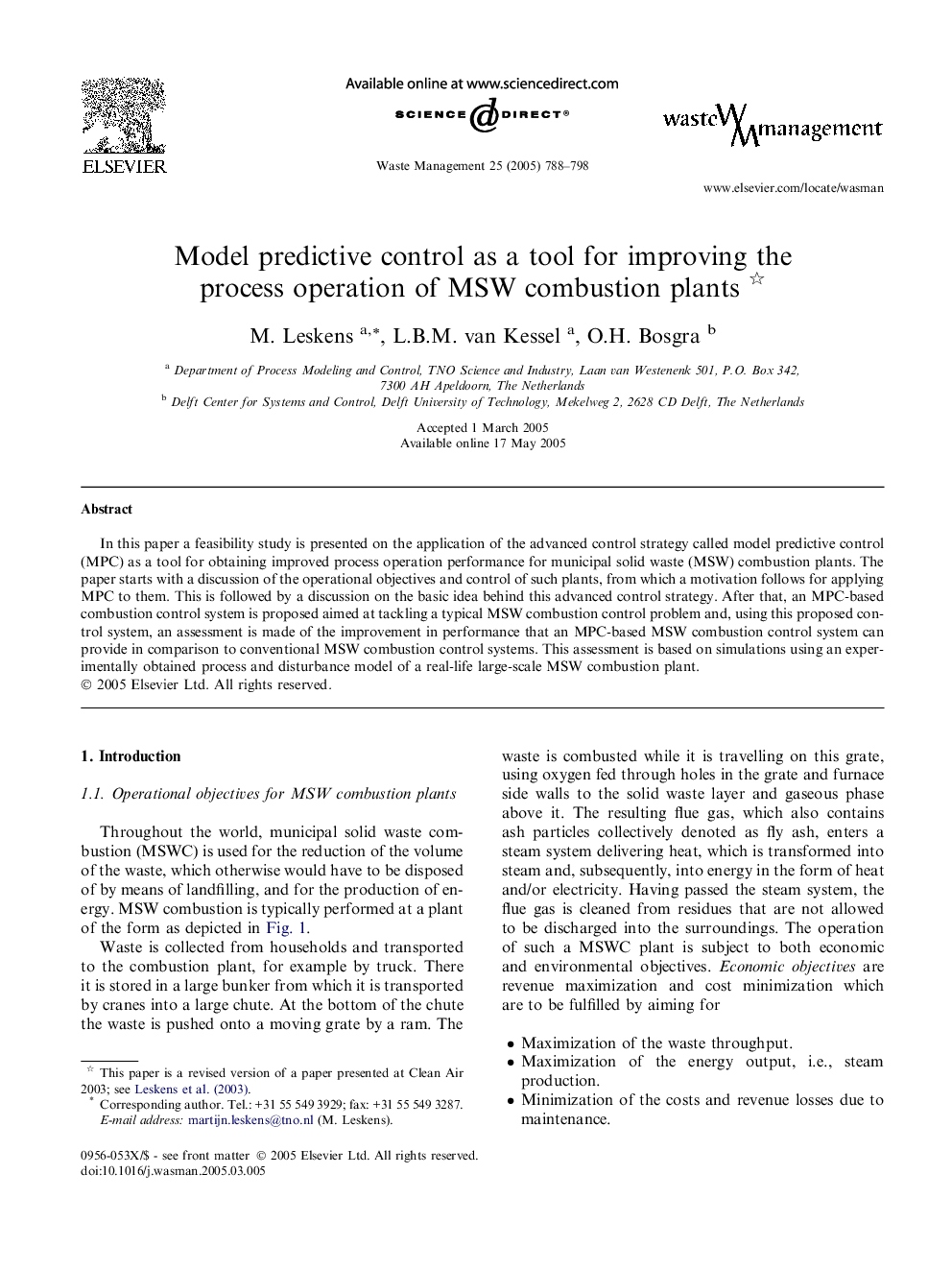 Model predictive control as a tool for improving the process operation of MSW combustion plants