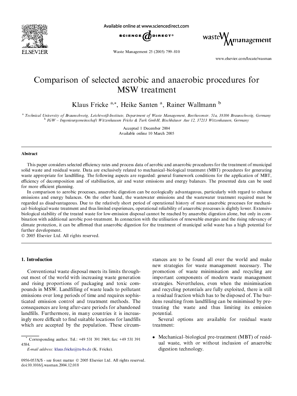 Comparison of selected aerobic and anaerobic procedures for MSW treatment