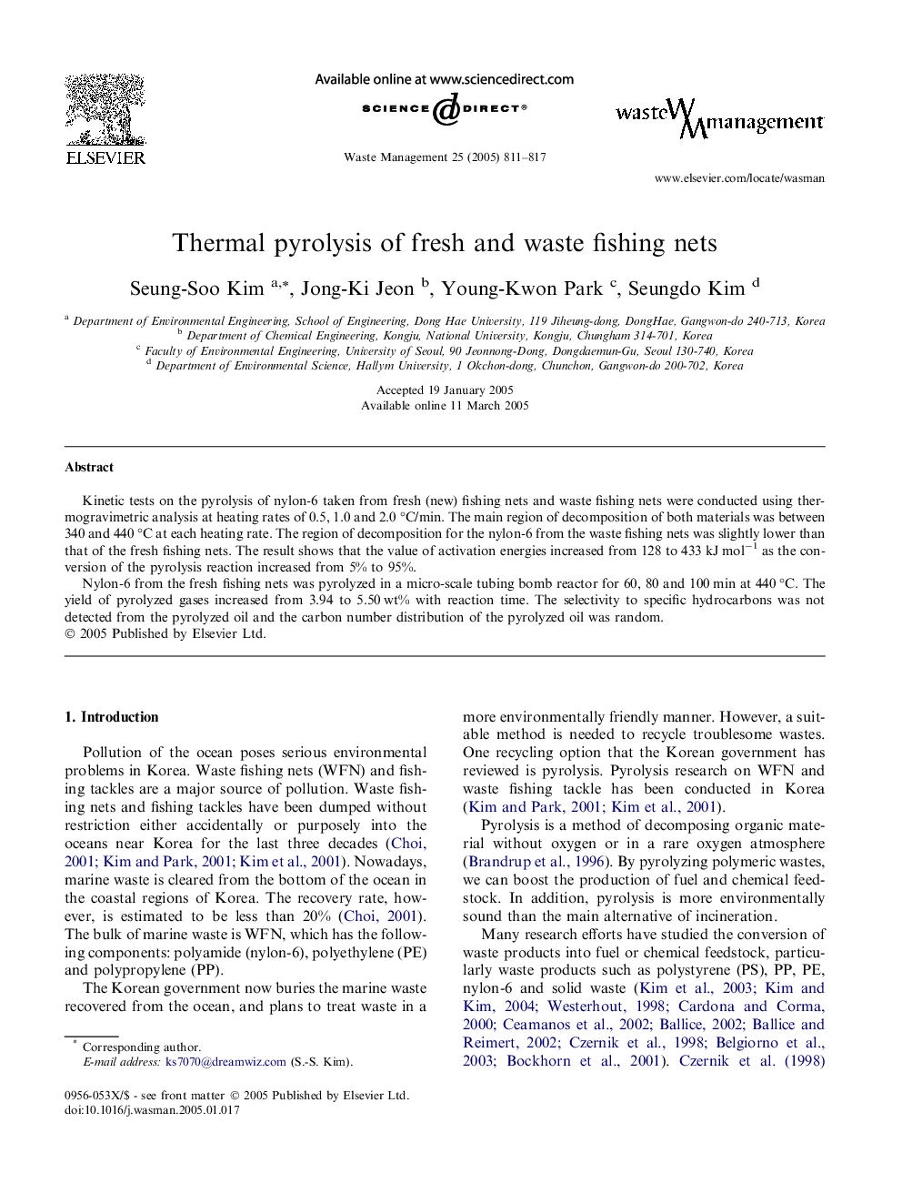 Thermal pyrolysis of fresh and waste fishing nets