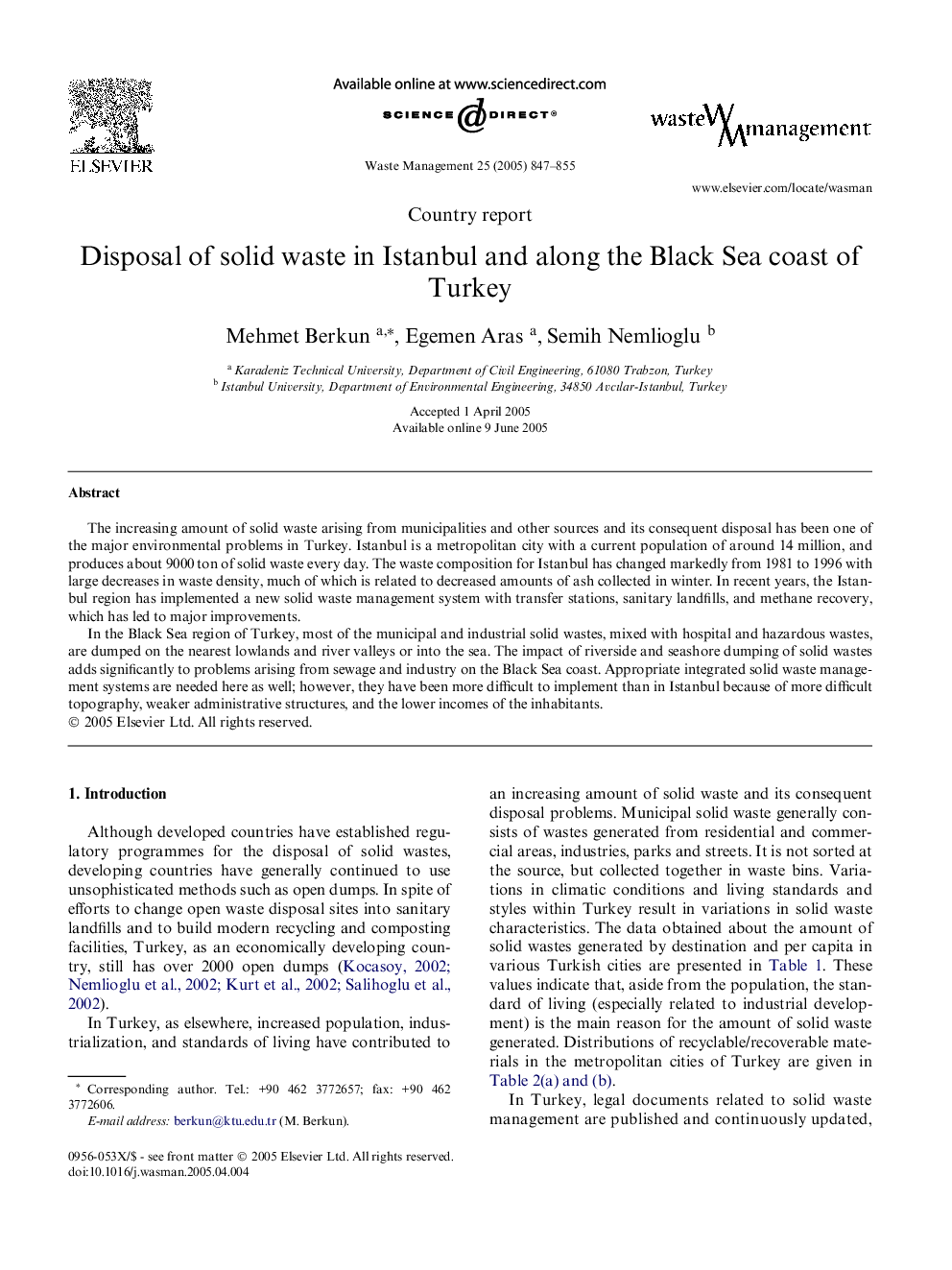 Disposal of solid waste in Istanbul and along the Black Sea coast of Turkey