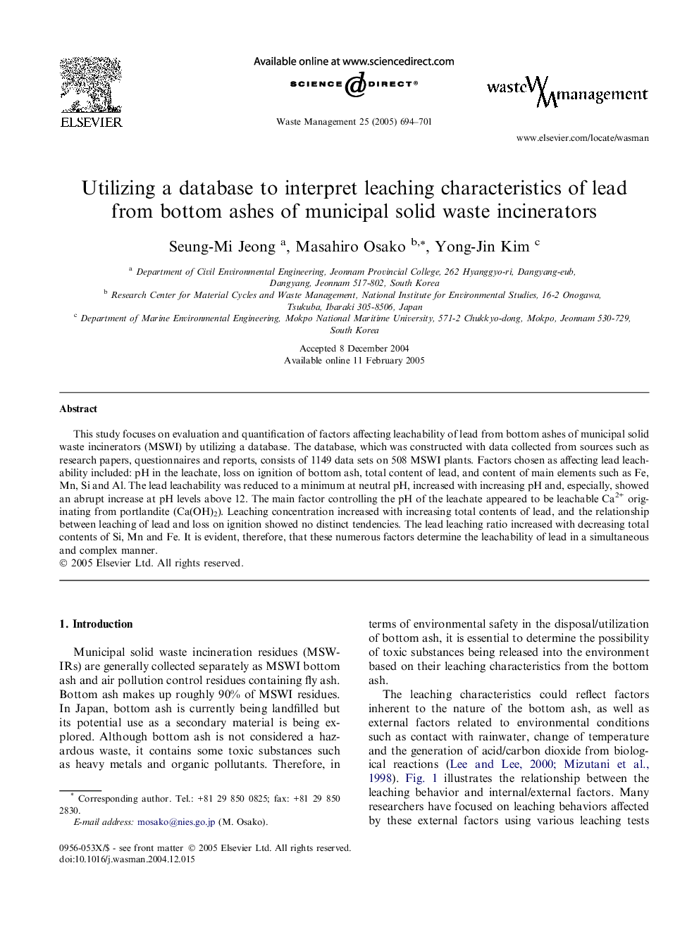 Utilizing a database to interpret leaching characteristics of lead from bottom ashes of municipal solid waste incinerators