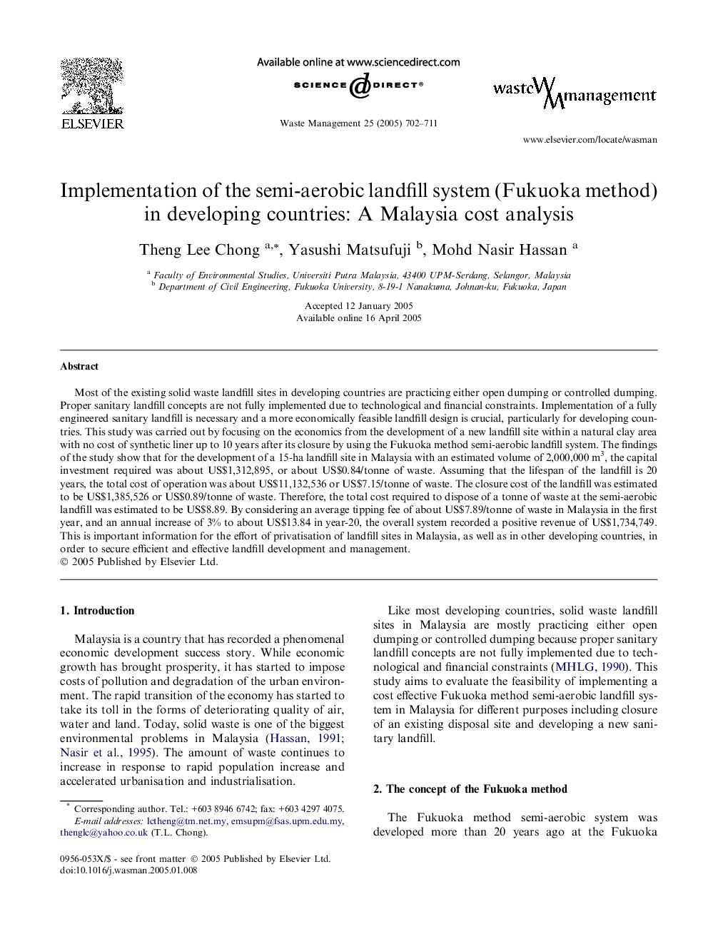 Implementation of the semi-aerobic landfill system (Fukuoka method) in developing countries: A Malaysia cost analysis