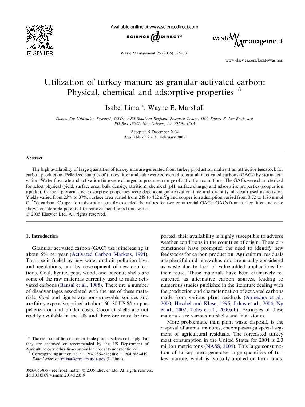 Utilization of turkey manure as granular activated carbon: Physical, chemical and adsorptive properties