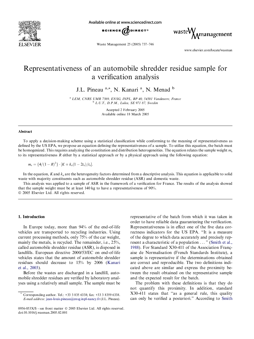 Representativeness of an automobile shredder residue sample for a verification analysis