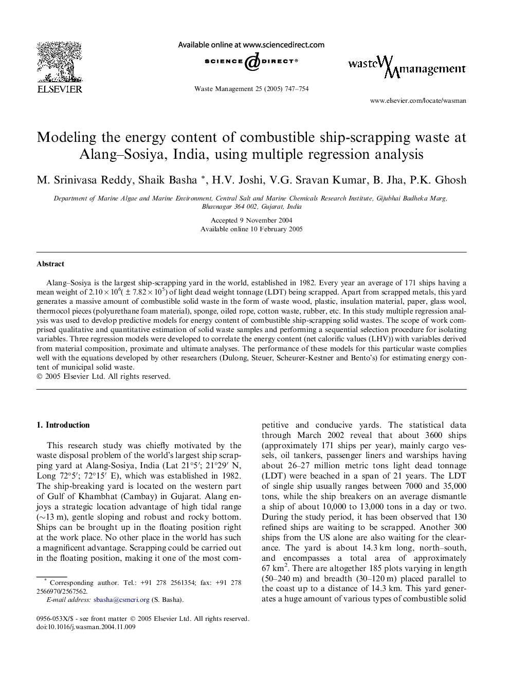 Modeling the energy content of combustible ship-scrapping waste at Alang-Sosiya, India, using multiple regression analysis