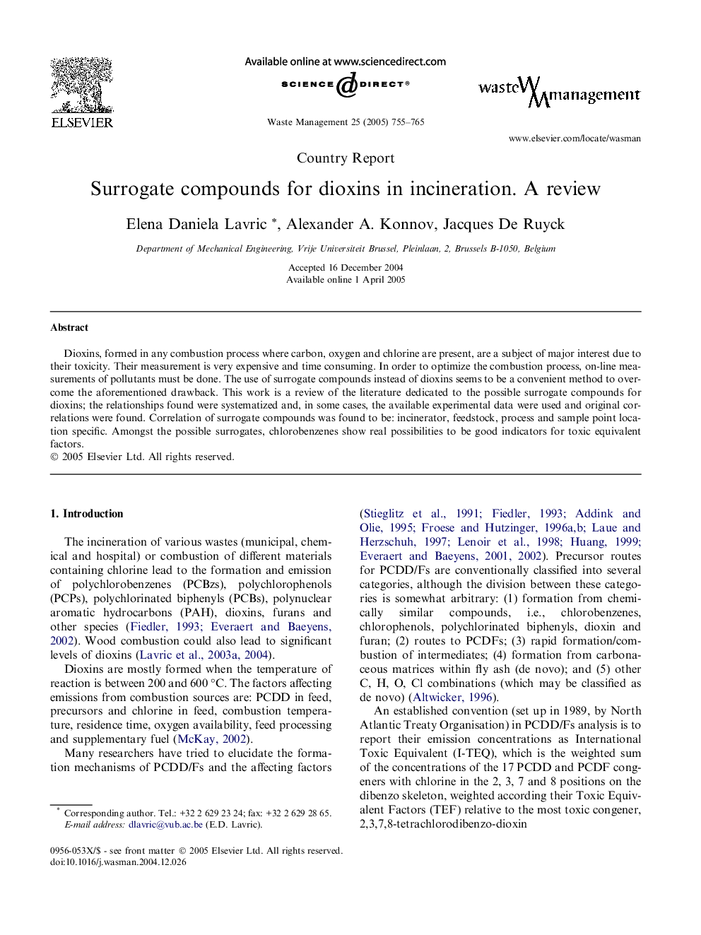 Surrogate compounds for dioxins in incineration. A review