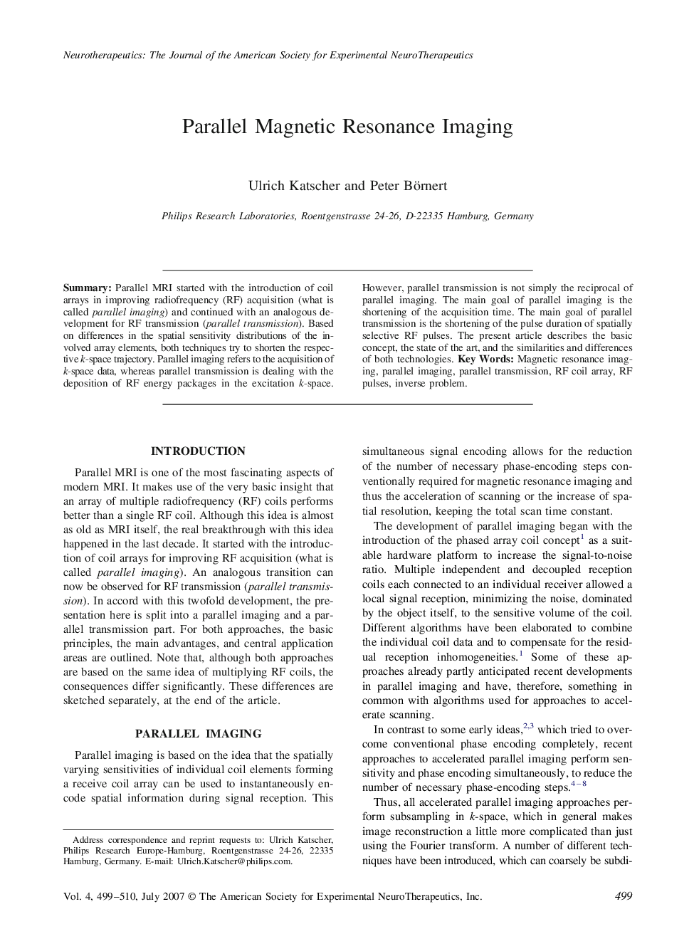 Parallel Magnetic Resonance Imaging