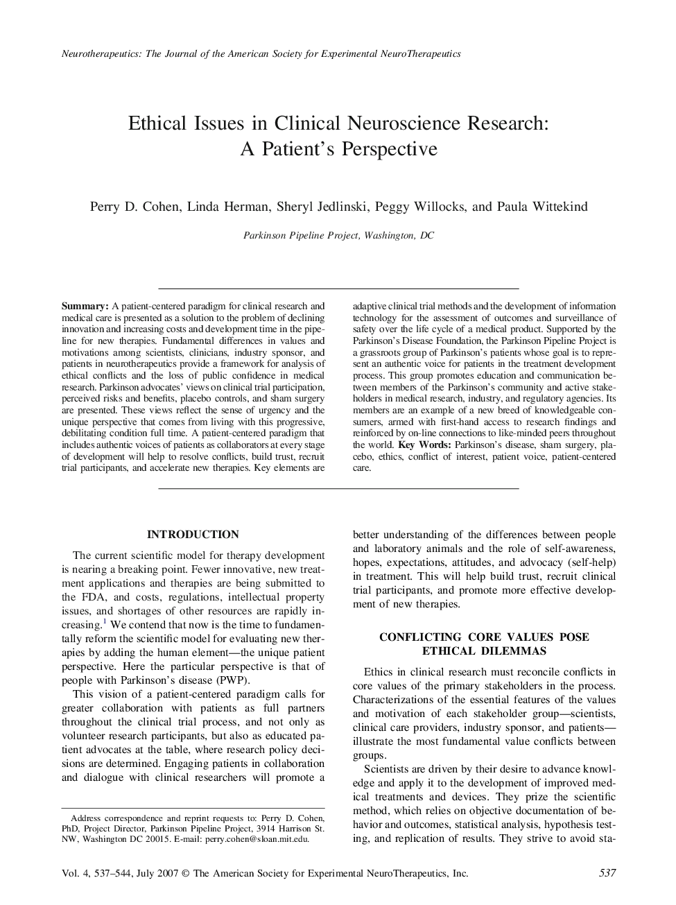 Ethical Issues in Clinical Neuroscience Research: A Patient's Perspective