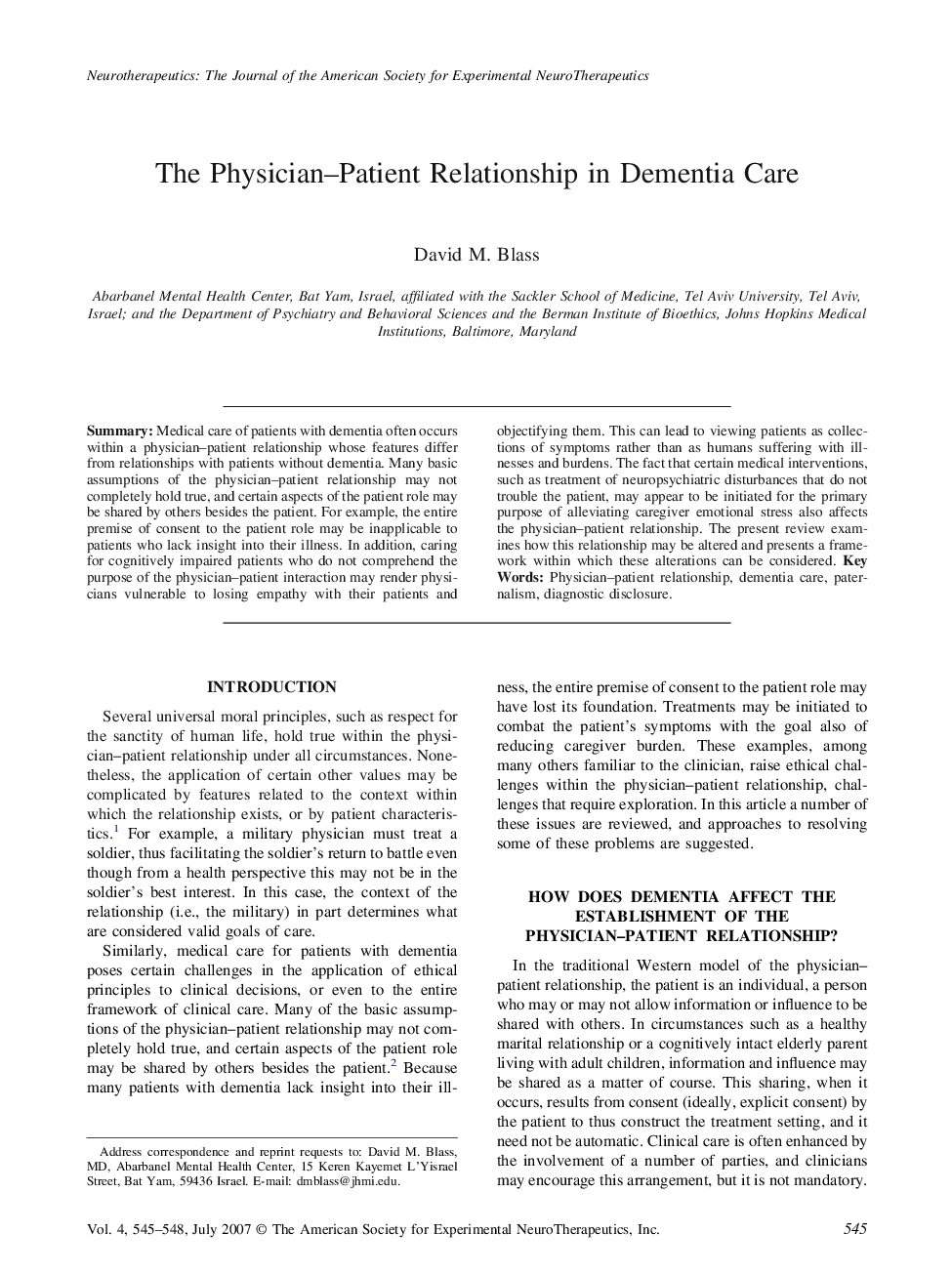 The Physician-Patient Relationship in Dementia Care