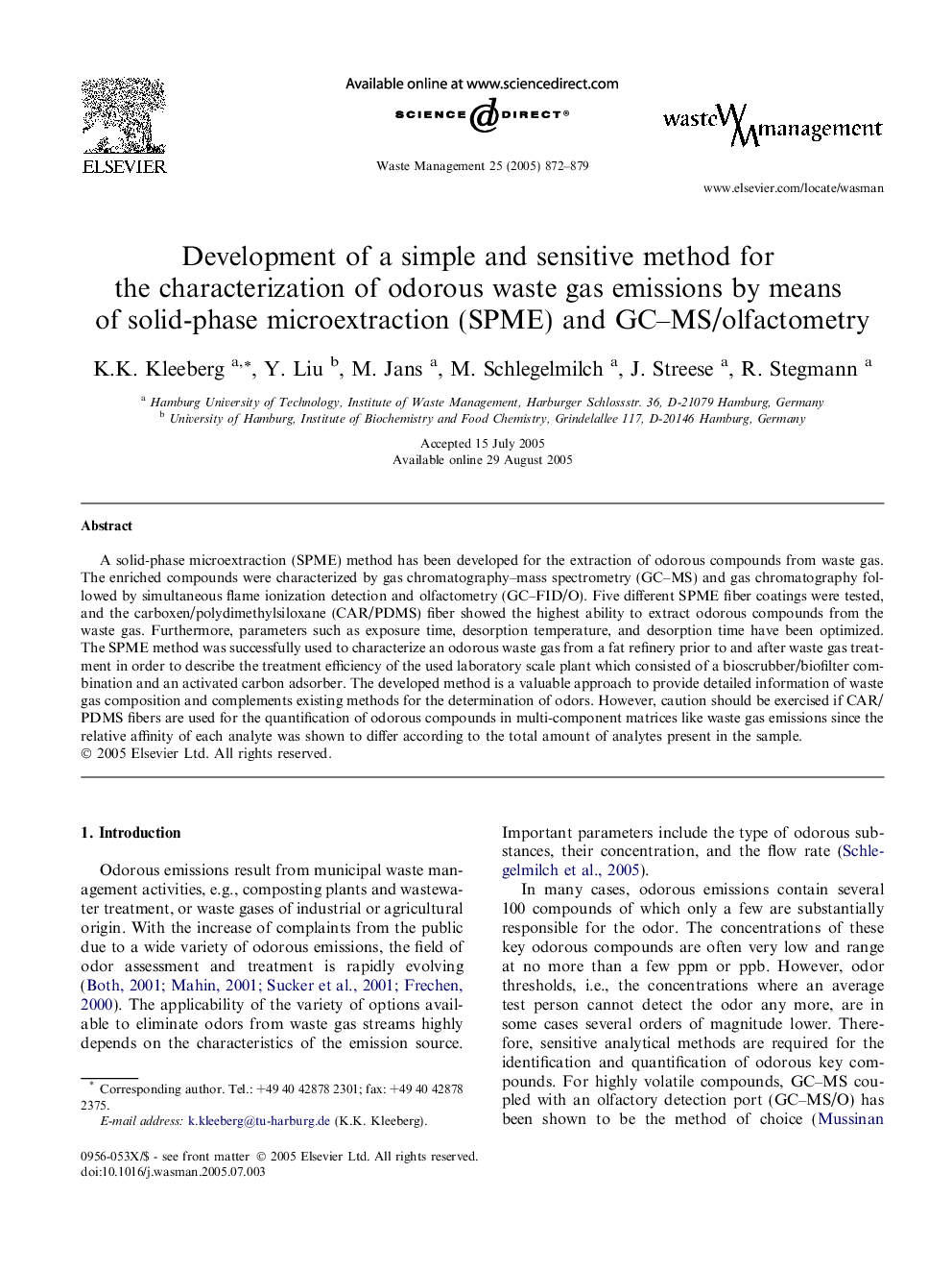 Development of a simple and sensitive method for the characterization of odorous waste gas emissions by means of solid-phase microextraction (SPME) and GC-MS/olfactometry