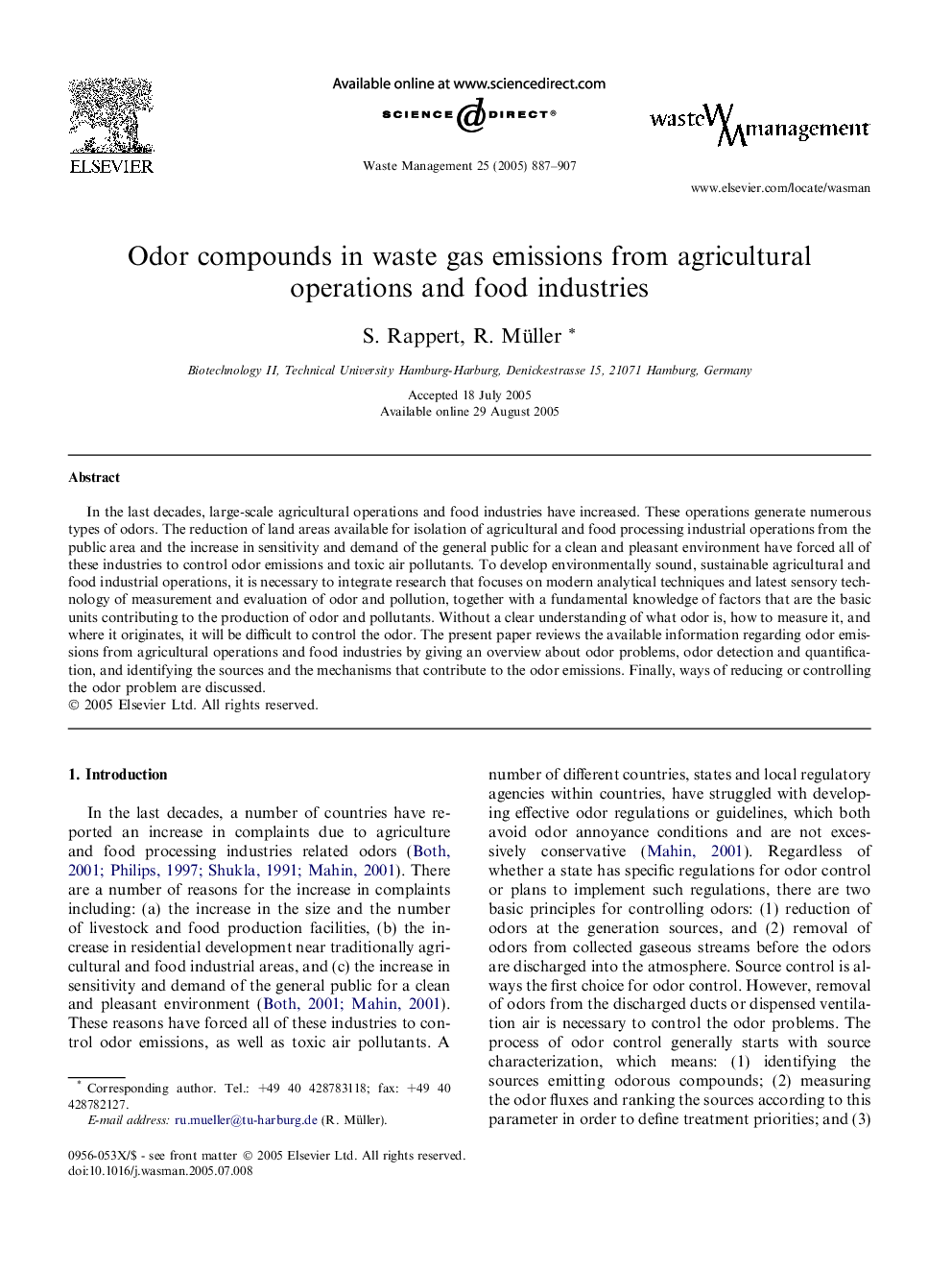 Odor compounds in waste gas emissions from agricultural operations and food industries