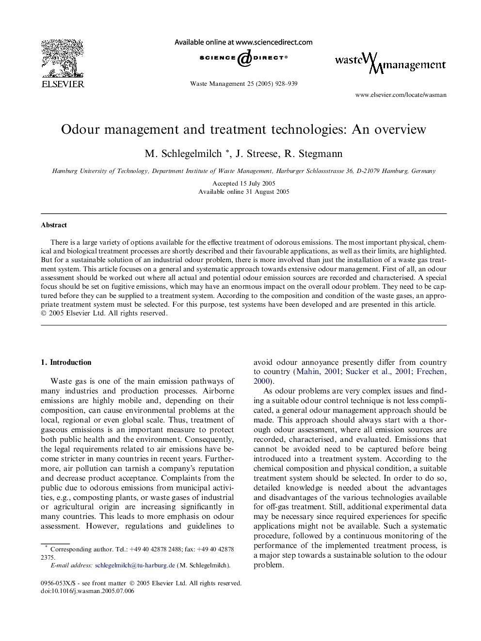 Odour management and treatment technologies: An overview