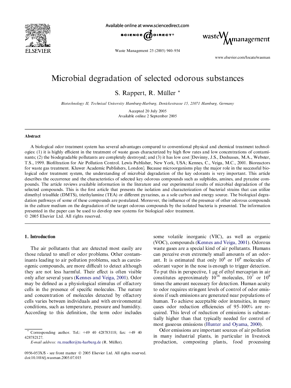 Microbial degradation of selected odorous substances