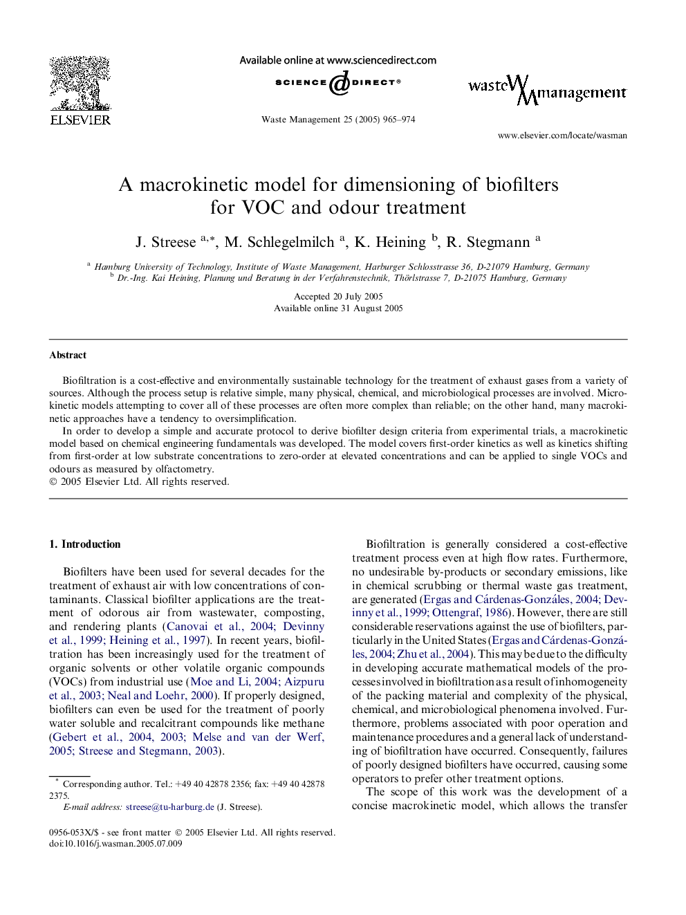 A macrokinetic model for dimensioning of biofilters for VOC and odour treatment