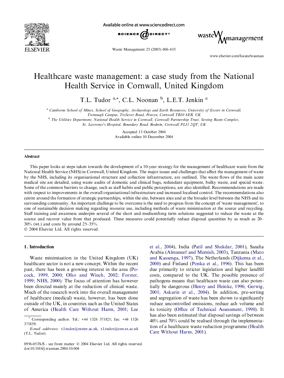 Healthcare waste management: a case study from the National Health Service in Cornwall, United Kingdom