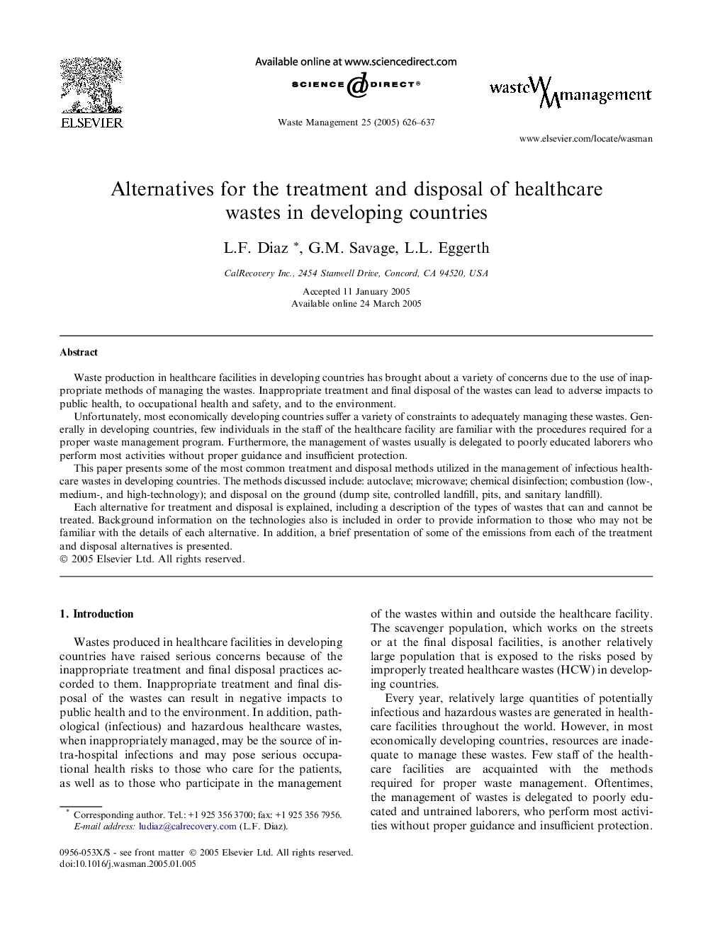 Alternatives for the treatment and disposal of healthcare wastes in developing countries