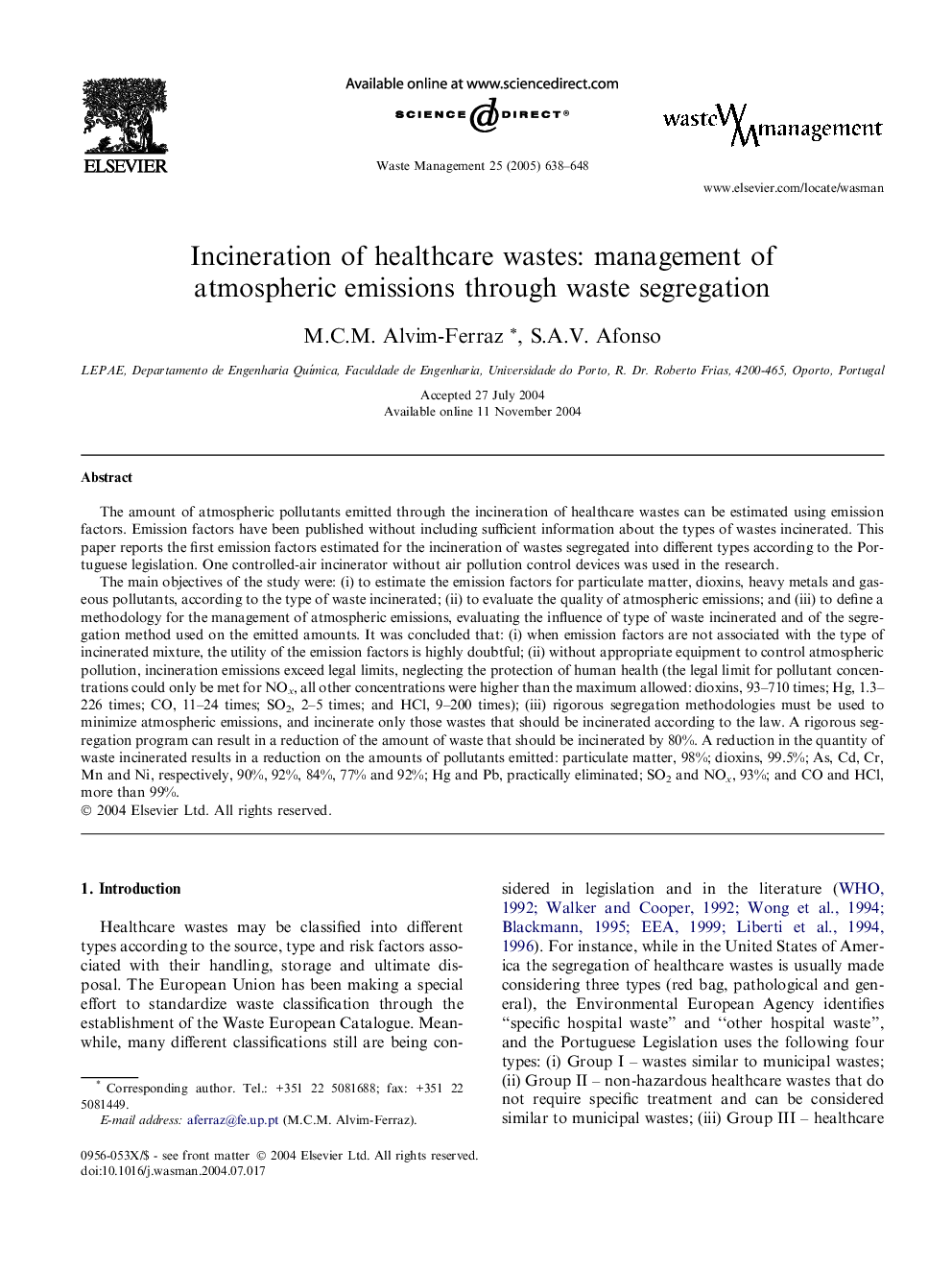 Incineration of healthcare wastes: management of atmospheric emissions through waste segregation