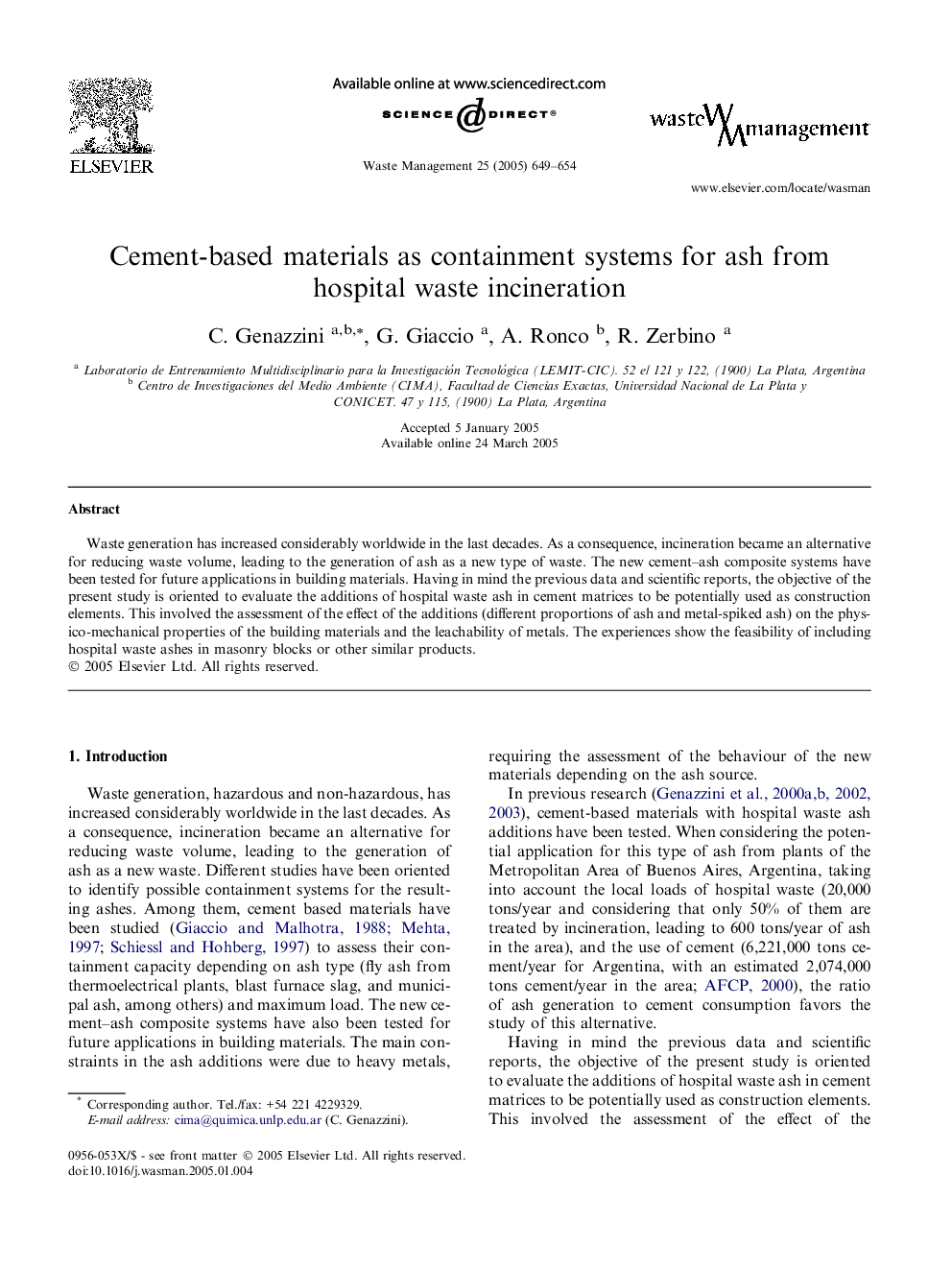 Cement-based materials as containment systems for ash from hospital waste incineration