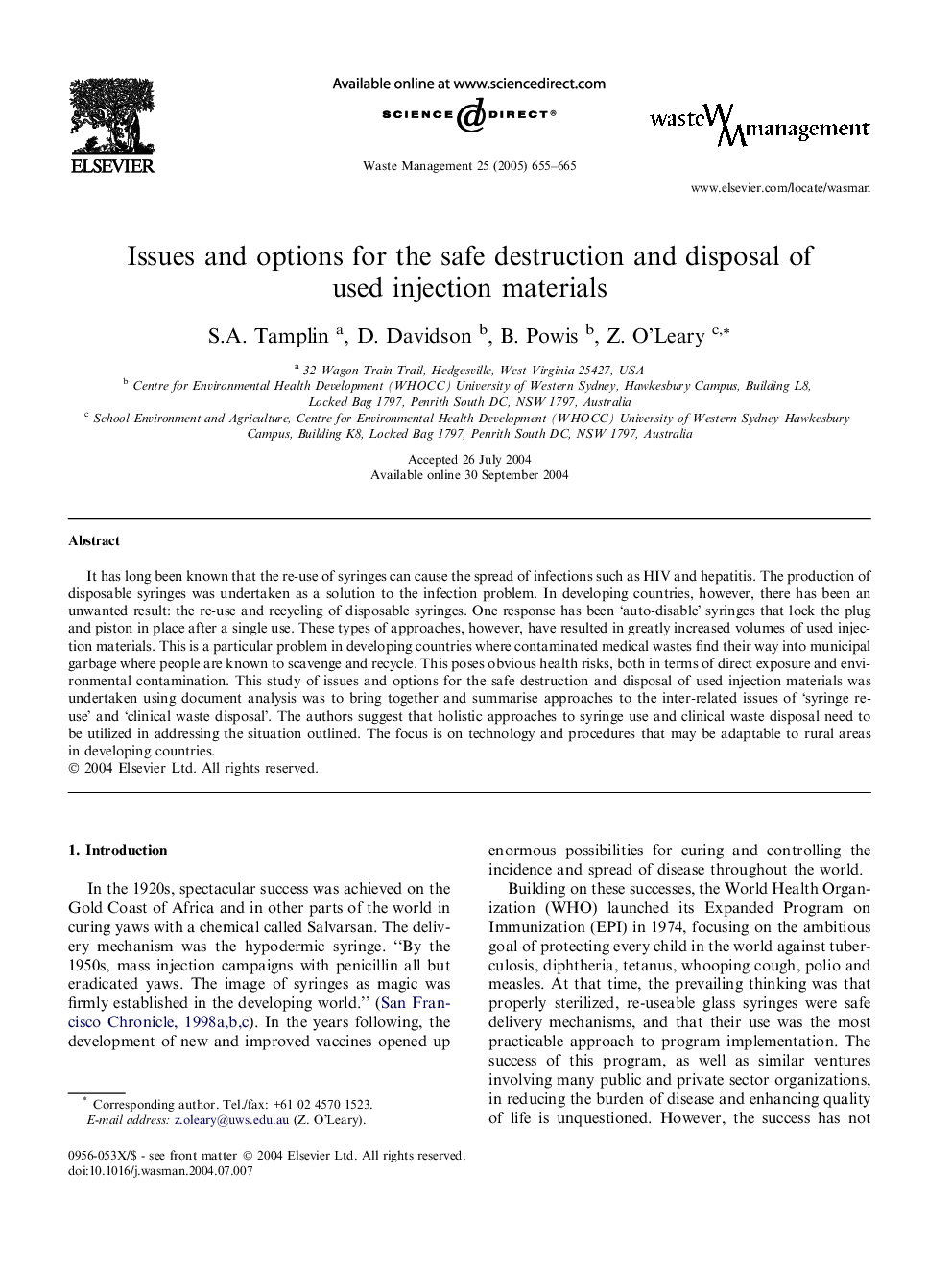 Issues and options for the safe destruction and disposal of used injection materials