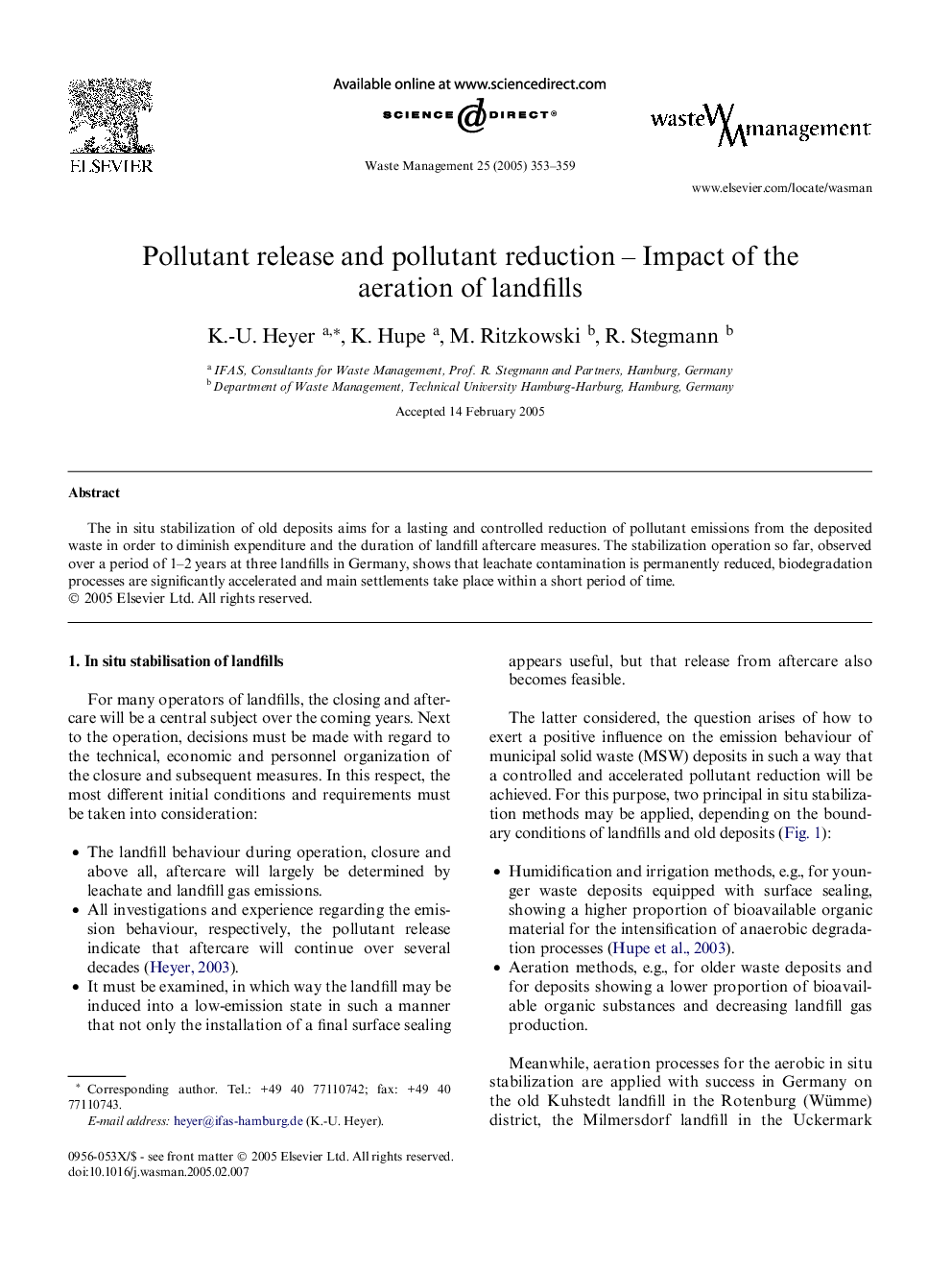 Pollutant release and pollutant reduction - Impact of the aeration of landfills