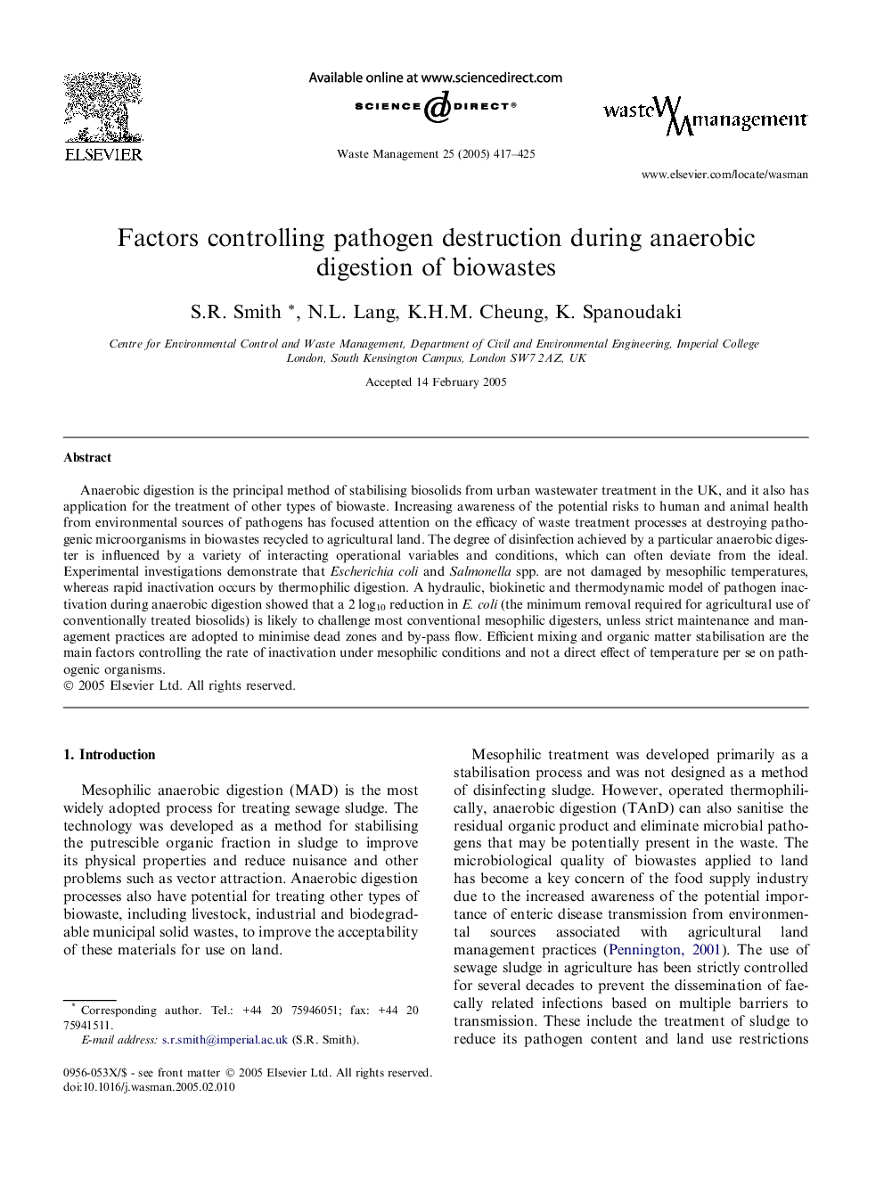 Factors controlling pathogen destruction during anaerobic digestion of biowastes