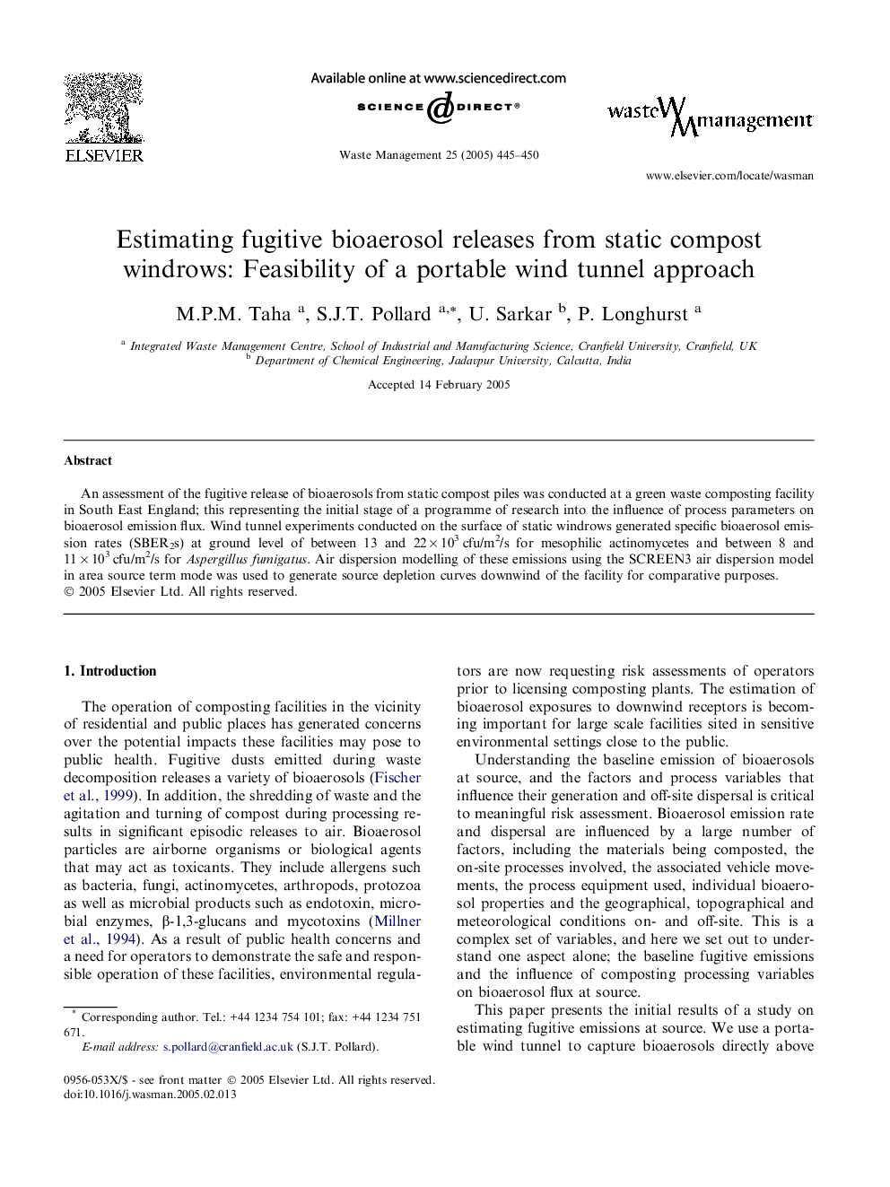 Estimating fugitive bioaerosol releases from static compost windrows: Feasibility of a portable wind tunnel approach