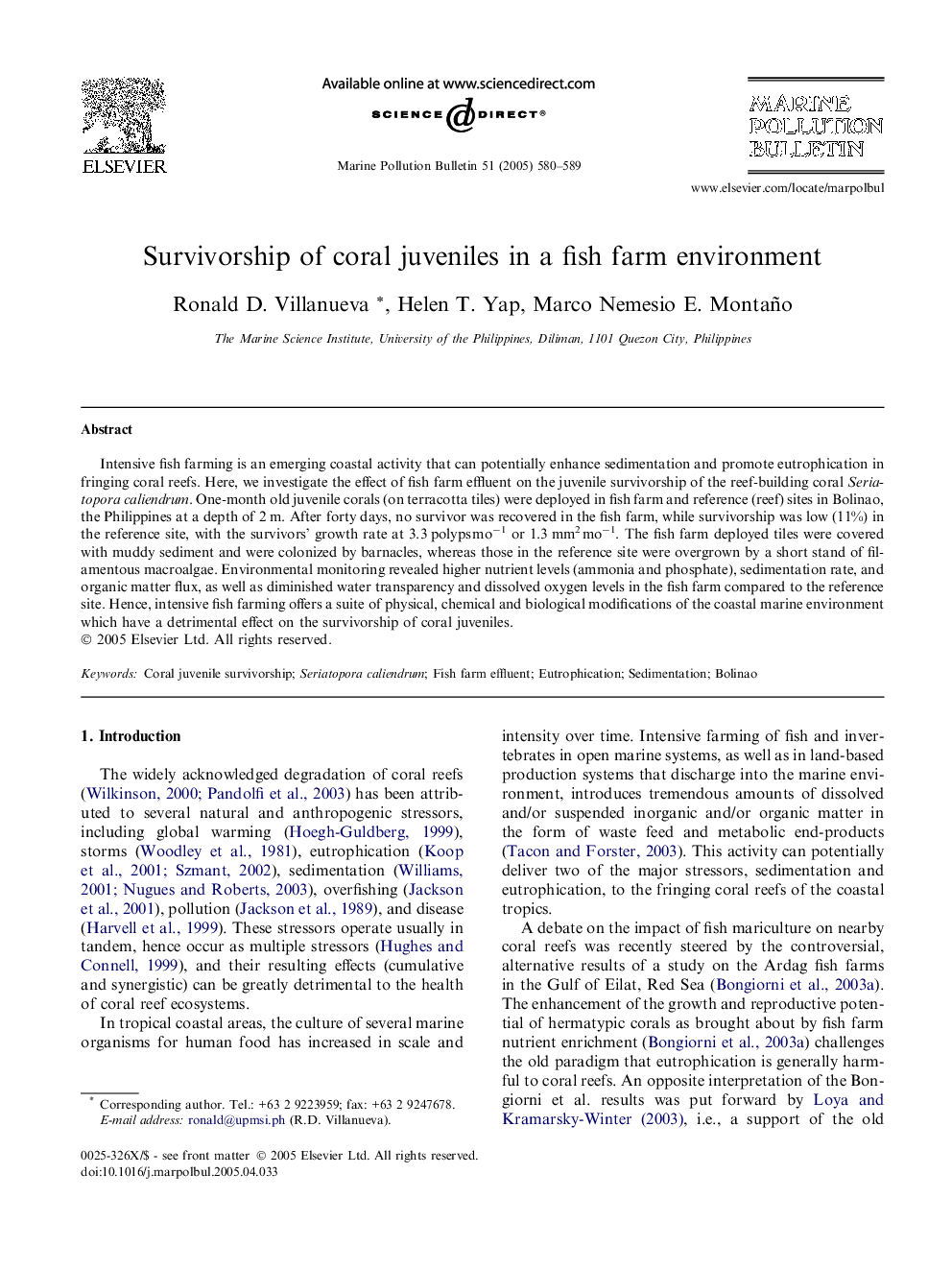 Survivorship of coral juveniles in a fish farm environment