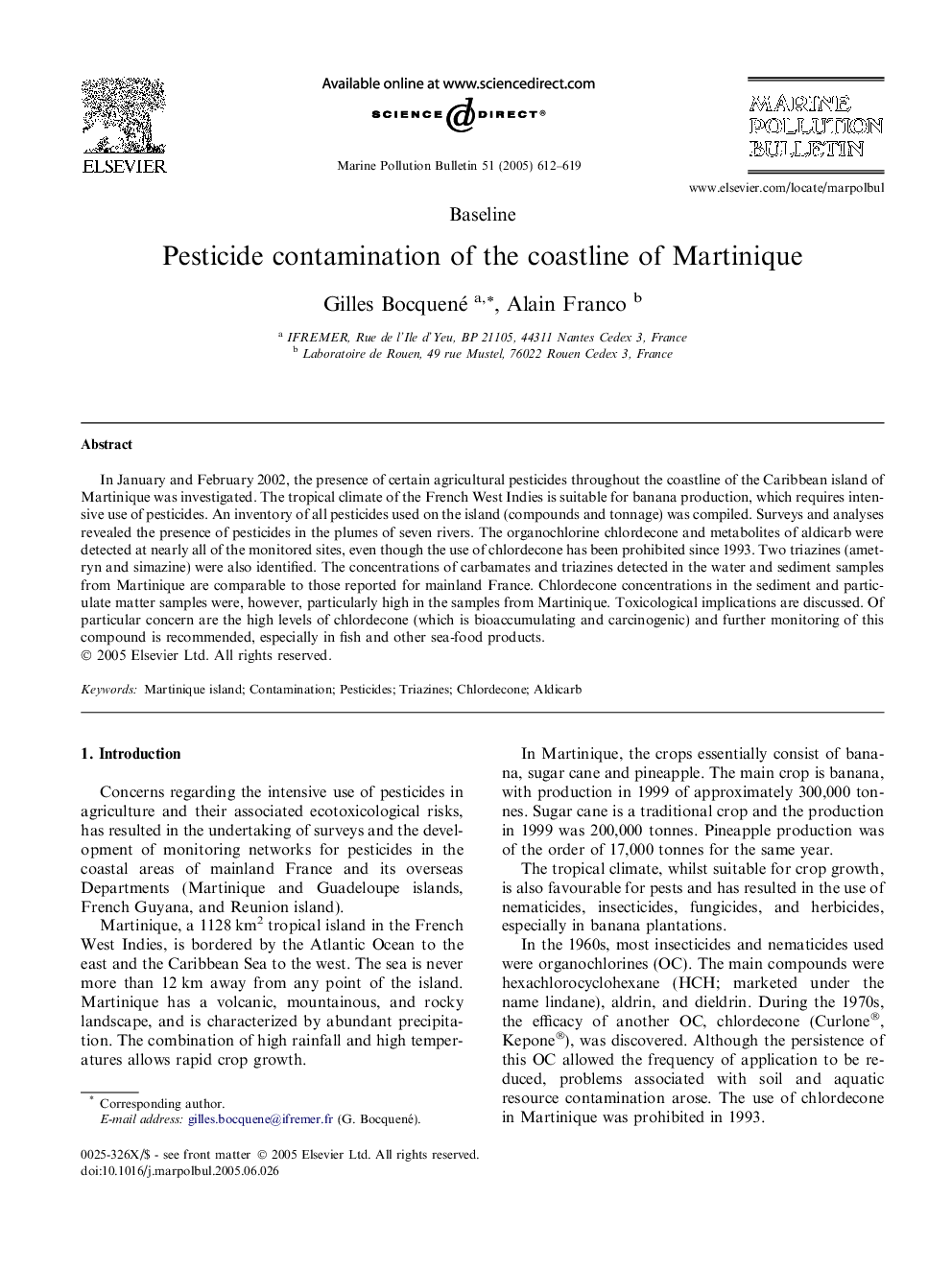 Pesticide contamination of the coastline of Martinique