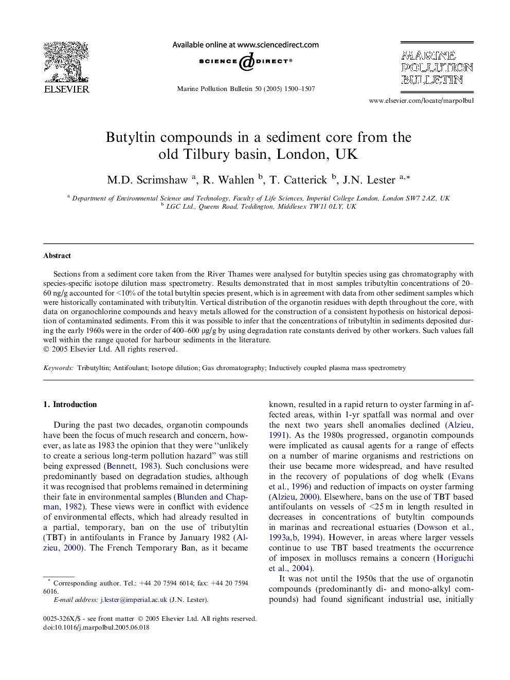 Butyltin compounds in a sediment core from the old Tilbury basin, London, UK