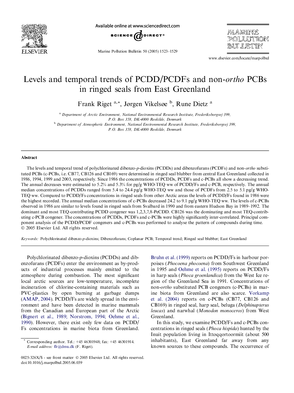 Levels and temporal trends of PCDD/PCDFs and non-ortho PCBs in ringed seals from East Greenland