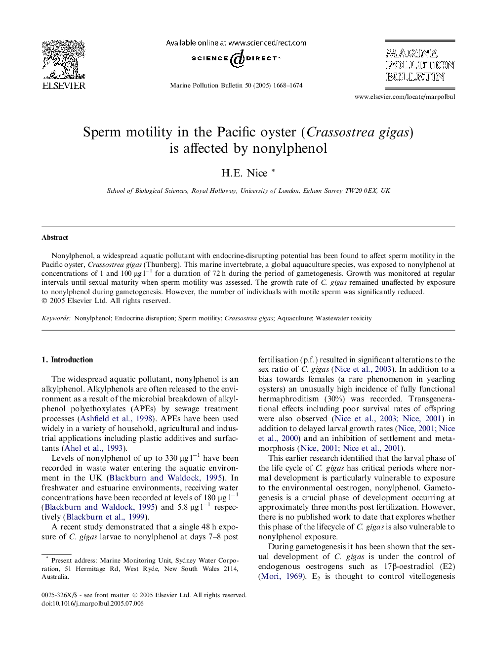 Sperm motility in the Pacific oyster (Crassostrea gigas) is affected by nonylphenol