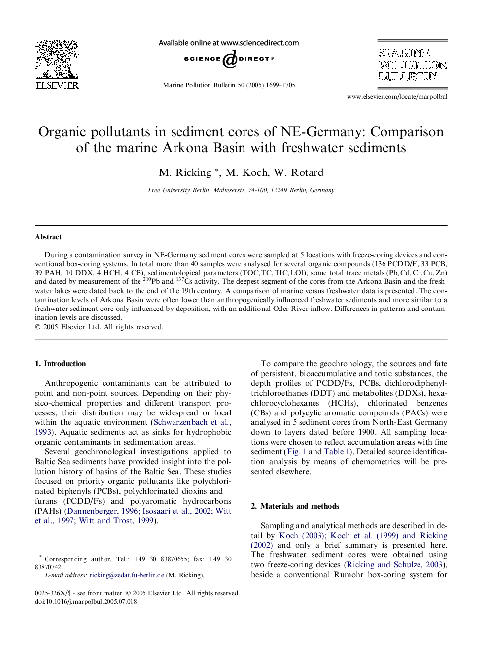 Organic pollutants in sediment cores of NE-Germany: Comparison of the marine Arkona Basin with freshwater sediments