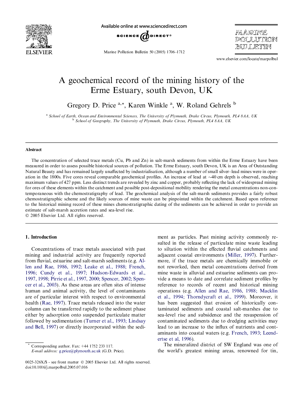 A geochemical record of the mining history of the Erme Estuary, south Devon, UK