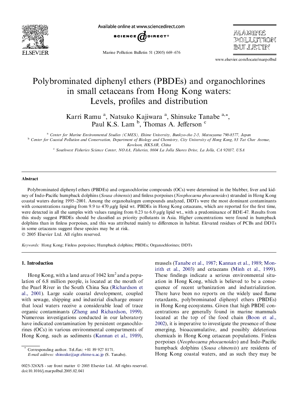 Polybrominated diphenyl ethers (PBDEs) and organochlorines in small cetaceans from Hong Kong waters: Levels, profiles and distribution