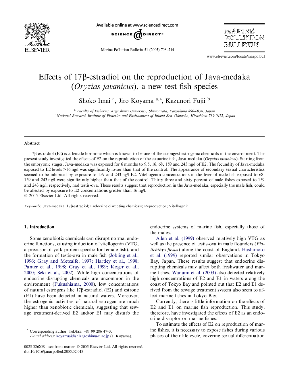 Effects of 17Î²-estradiol on the reproduction of Java-medaka (Oryzias javanicus), a new test fish species