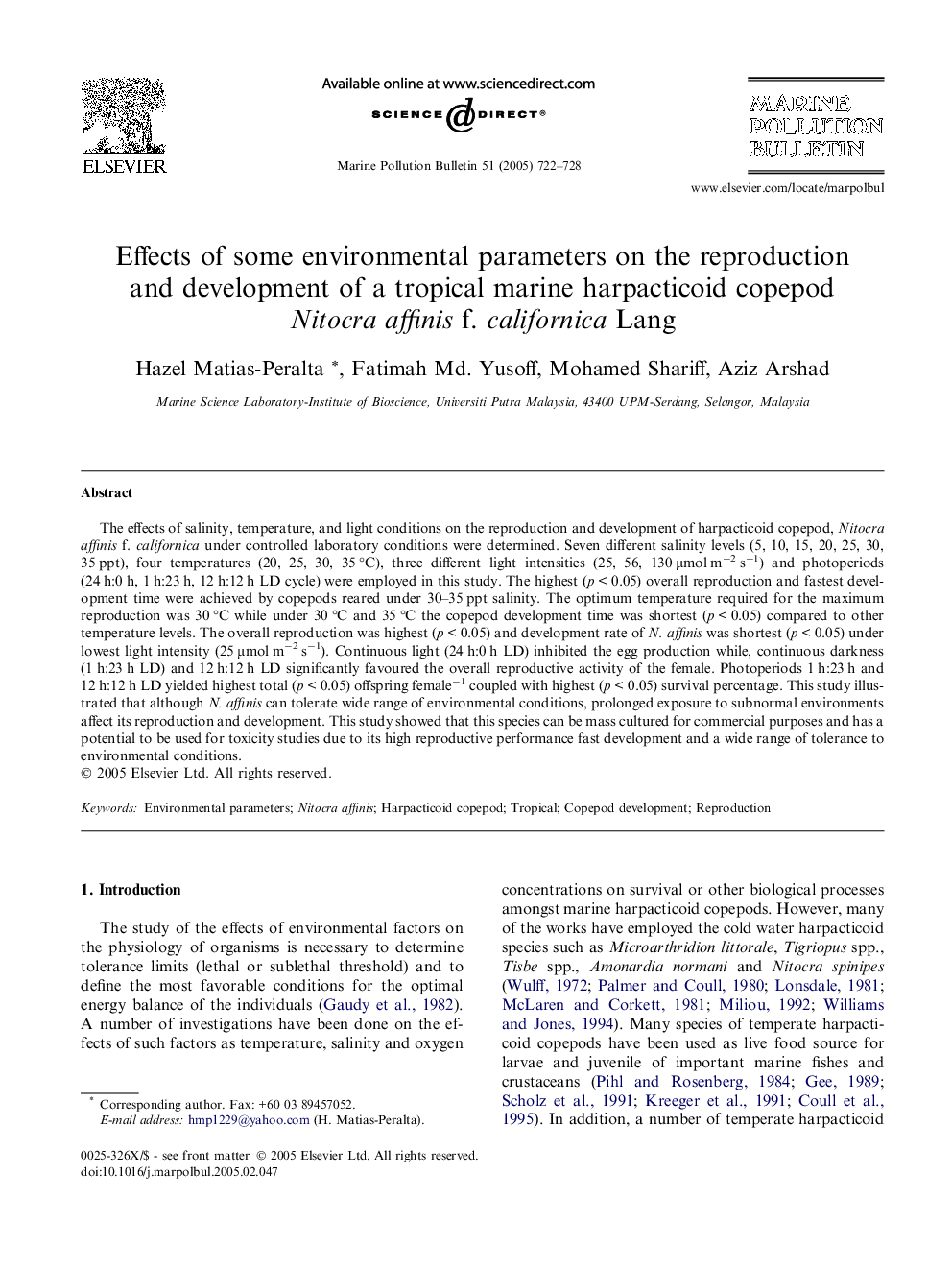 Effects of some environmental parameters on the reproduction and development of a tropical marine harpacticoid copepod Nitocra affinis f. californica Lang