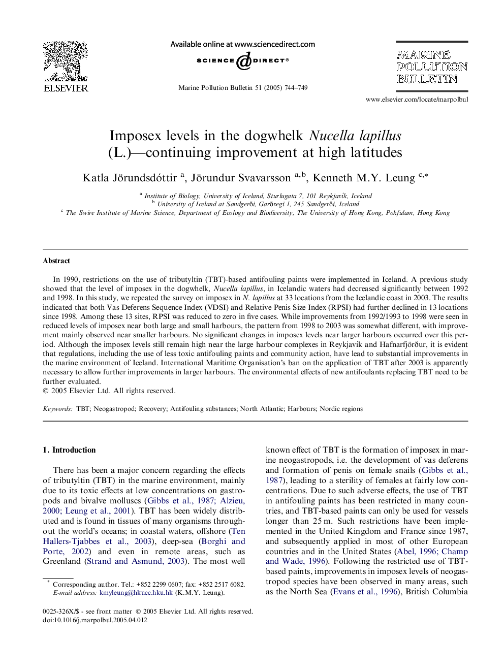 Imposex levels in the dogwhelk Nucella lapillus (L.)-continuing improvement at high latitudes