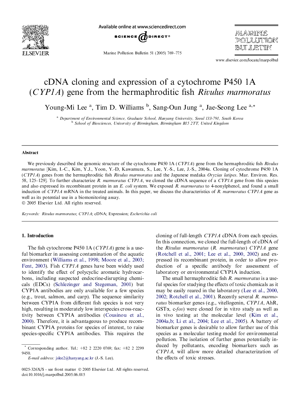 cDNA cloning and expression of a cytochrome P450 1A (CYP1A) gene from the hermaphroditic fish Rivulus marmoratus