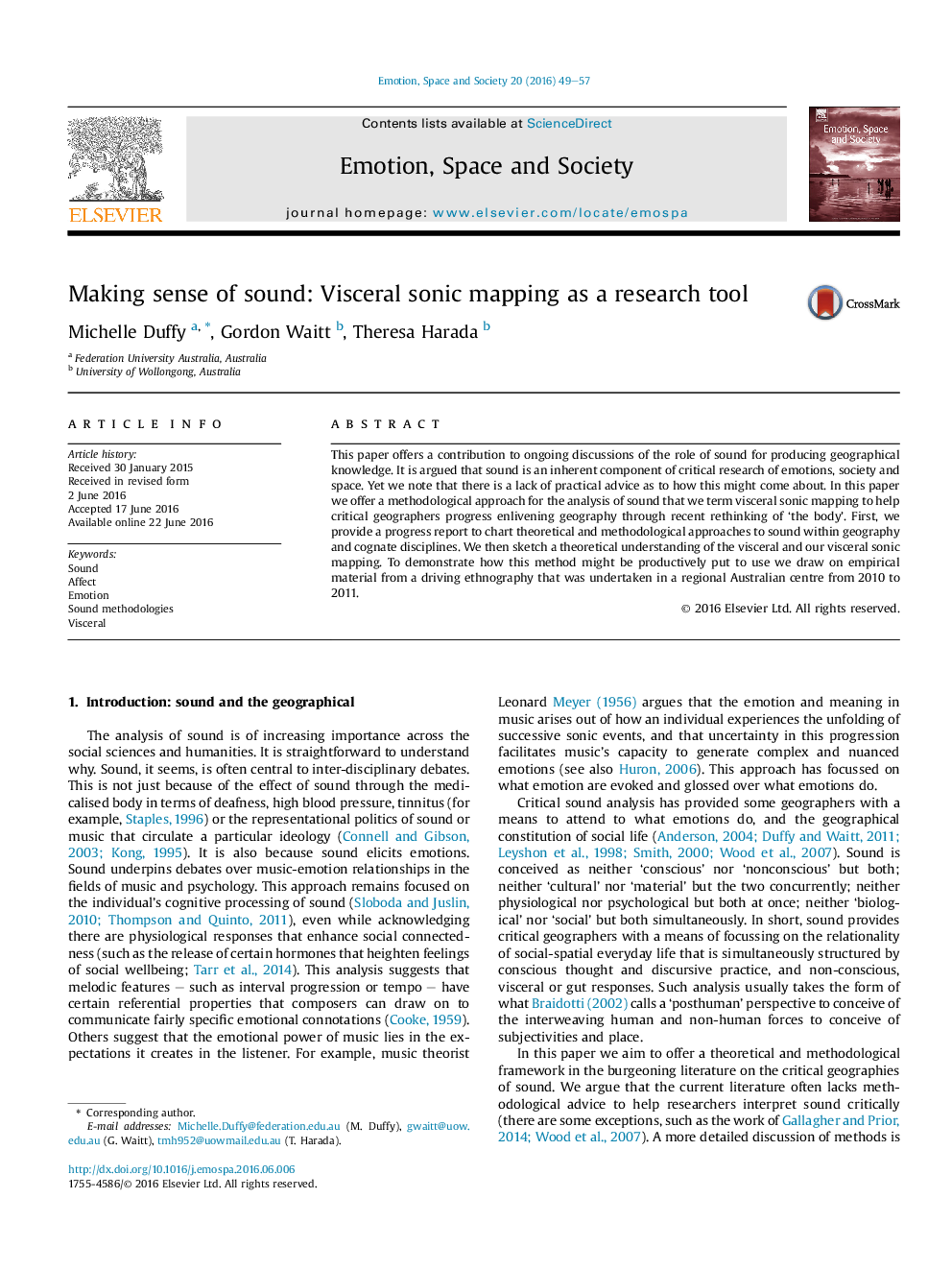 Making sense of sound: Visceral sonic mapping as a research tool