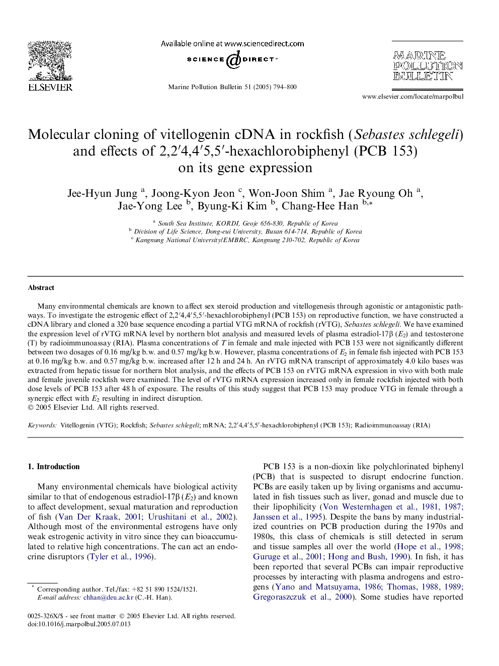 Molecular cloning of vitellogenin cDNA in rockfish (Sebastes schlegeli) and effects of 2,2â²4,4â²5,5â²-hexachlorobiphenyl (PCB 153) on its gene expression